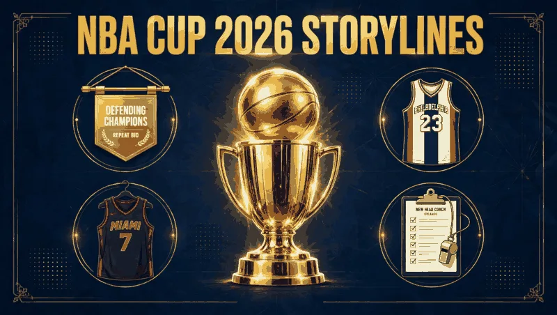 NBA Cup 2026 storylines graphic: a golden Cup trophy in the centre, a Defending Champions repeat bid banner, a Philadelphia jersey with number 23, a Miami jersey with number 7, and a clipboard for Orlando's new head coach