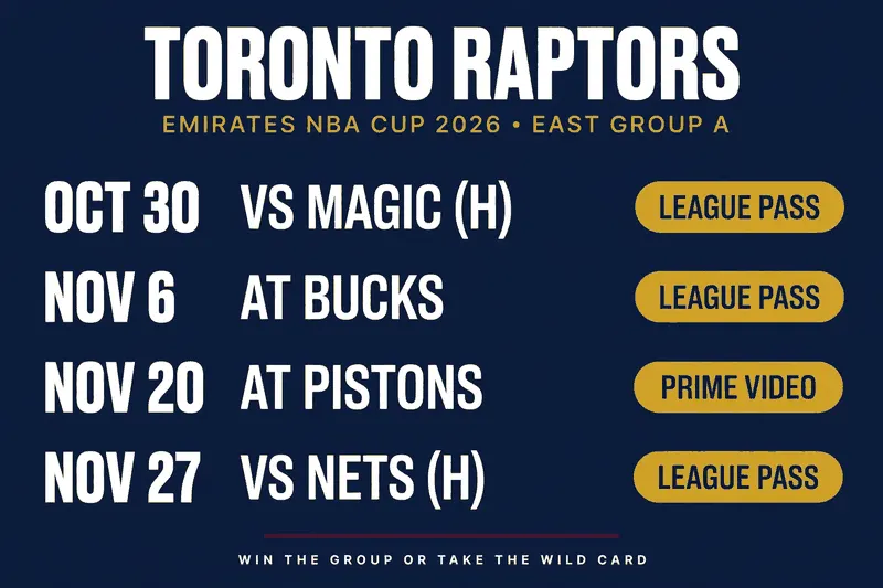 Toronto Raptors NBA Cup 2026 schedule: dates, times and TV for the four group play games